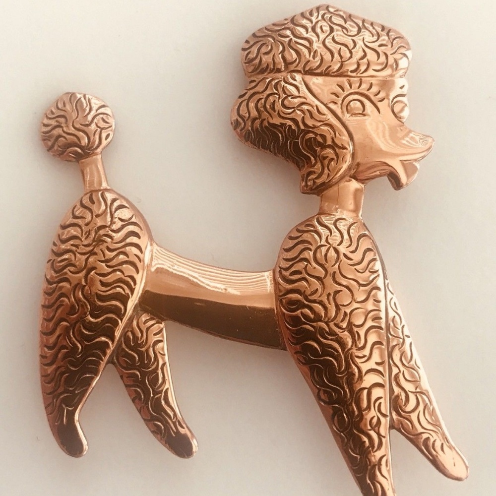 Vintage FRENCH POODLE BELL TRADING brooch copper